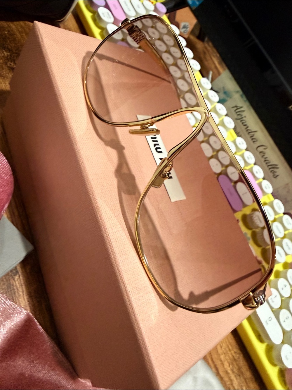 Miu Miu Gold Metal Aviator Sunglasses with Pink Lenses - Picture 6 of 9